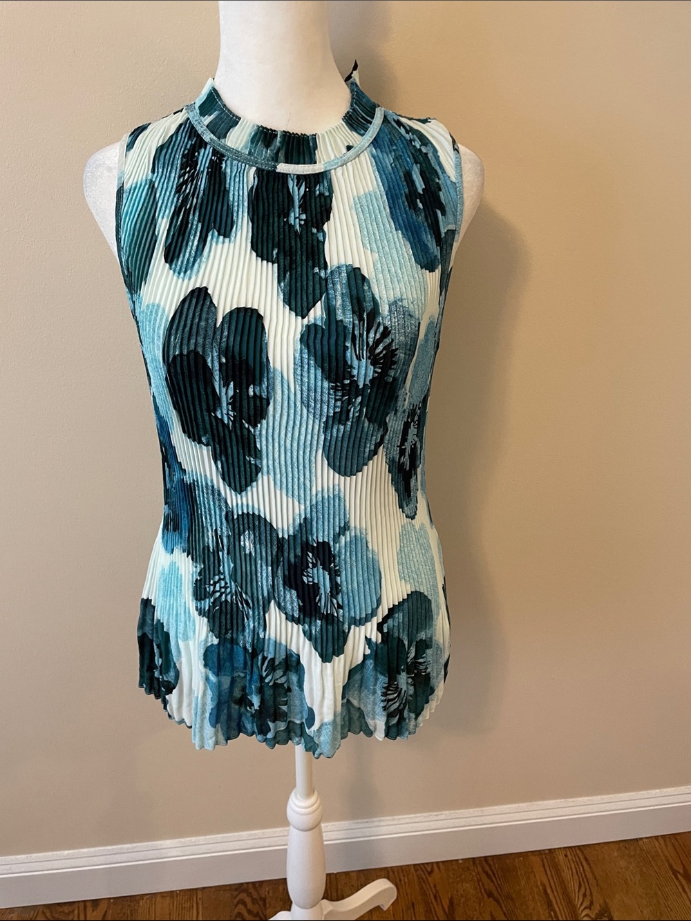 DKNY Teal Floral Pleated High-Neck Tank length 26”
